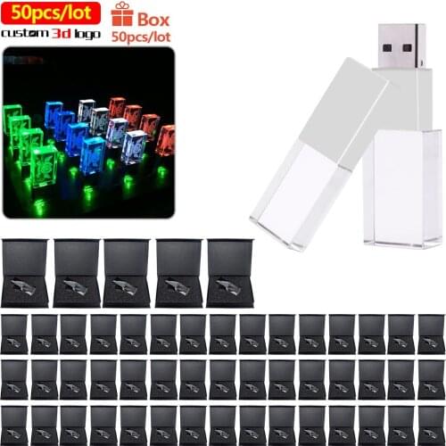 50pcs/lot New Silver Crystal gold usb with box 3D logo With Light usb 2.0 memory flash stick pen drive Free Custom Logo U disk