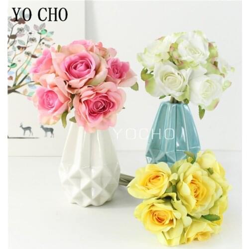 YO CHO Artificial Flower 6 Heads Fake Rose Mini Bouquet Pink DIY Flower Arrangement Bridesmaids Girl Home Party Wedding Decor