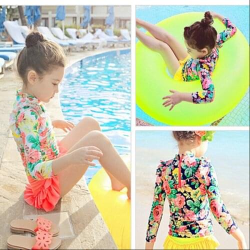 Baby Girl Swimwear 2PCS Swimsuit Girl Long Sleeve Flowers Korea Style Girls Beach Wear Korea Style Baby Swimwear Beach Wear