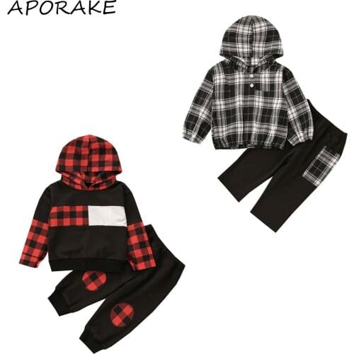 2021 0-5Y Casual Kids Baby Boy Clothes Set Plaid Print Patch Long Sleeve Hooded Sweatshirt+Harem Pants Autumn Tracksuit 2pcs