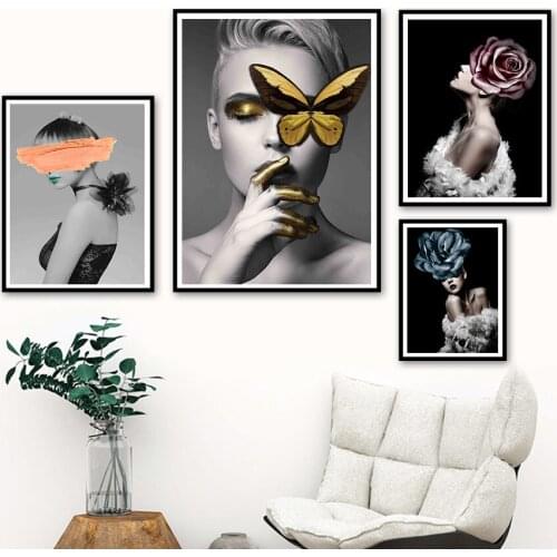 Fashion Women Butterfly Rose Graffiti Wall Art Canvas Painting Nordic Posters And Prints Wall Pictures For Living Room Decor