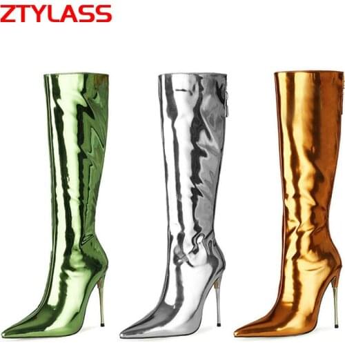 Fashion Zipper Mirror Patent Leather Knee High Boots Women Sexy Metal Stiletto Long Boots Autumn Winter New Pointed Toe Shoes