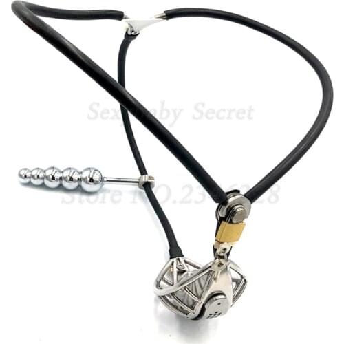 Stainless Steel Male Chastity Device with 5 Beads,Detachable Anal Plug,Chastity Belt,Cock Rings,Penis Lock,BDSM Sex Toy For Men