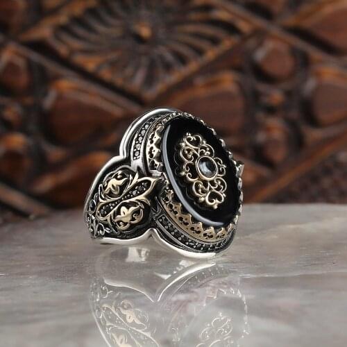 Onyx 925 Silver Engraved Traditional Handmade Turkish Signet Ring Jewelry Gift for Women Men