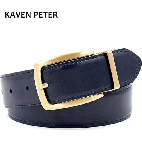 Luxury Gold Reversible Mens Waist Belts Real Leather Solid Brass Mens Belt Pure Brass Belt Reversible Buckle Free Shipping