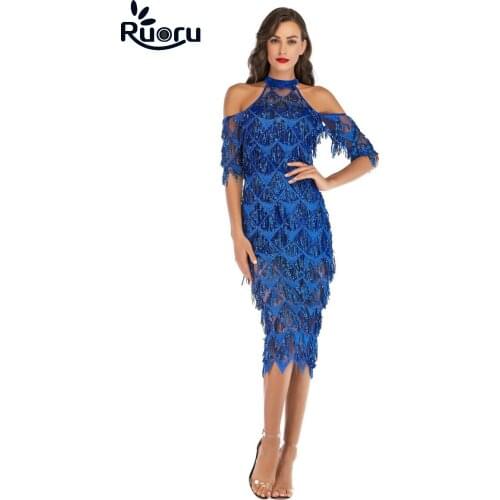 Ruoru women sexy party fringe dress vestidos sexy dresses party night club dress halter bodycon boho blue sequin dress elegant