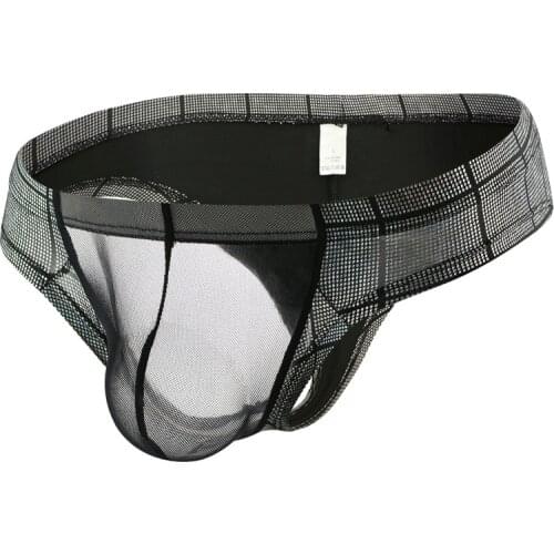 Sexy Gay Underwear Mens Briefs Bikini Slip Homme Faux Leather Transparent Mesh Penis Pouch Underpants Male Panties Cueca S-XXL
