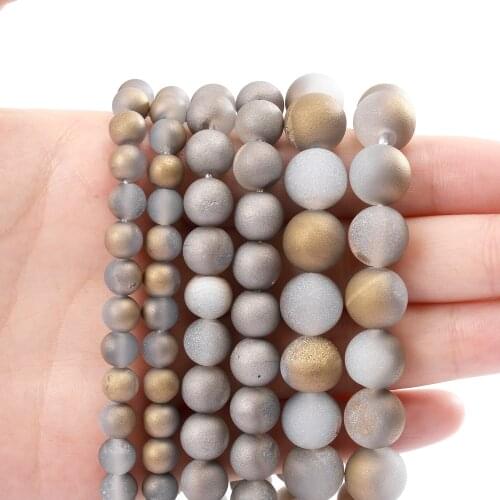 Gray Yellow Drusy Clusters Crude Metallic Coated Agates Stone Beads for Jewelry Making DIY Bracelet Accessories 4/6/8/10/12 MM