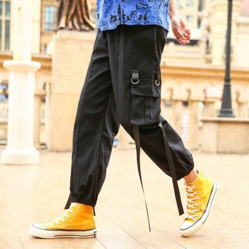 Japanese Style Multi-Pocket Fashionable Solid Mens Harem Pants Ribbons Hip Hop Autumn Casual Cargo Pants Male Jogger Trousers