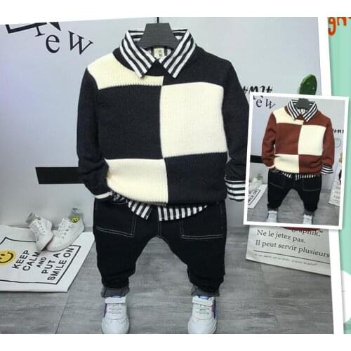 Stylish Infant Toddler Baby Kids Boys Outfits Boys Knit sweater + shirt + jeans 3pcs Outfit Set boys Clothes 2-6years boys set