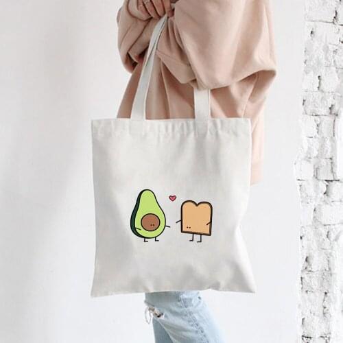 Couple Avocado Print Large Capacity Canvas Tote Bag Cute Cotton Cloth Reusable Shopping Bag Women Beach Handbags Shopping Bags