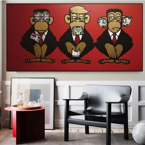 Funny 3 Money Doller Monkeys Graffiti Art Animal Painting poster Canvas Prints Wall Pictures for Living Room Home Wall Decor