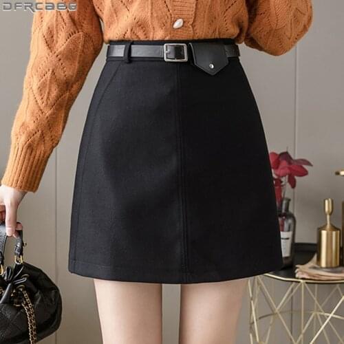 Casual Streetwear High Waist Skirt Women Vintage Wool Autumn Winter Skirts Shorts Belt A Line Mini Femme Jupes Black Brown Saias