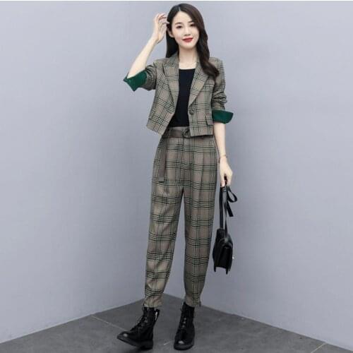 Women 2021 Spring Autumn Fashion Pants Suits Streetwear Plaid Suit Long Sleeve Tops + High Waist Pant Casual Two Piece Sets X328