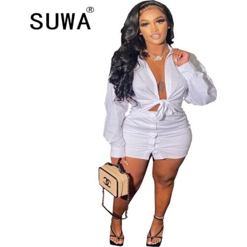 All White Women Oversized Shirt Crop Top And High Waisted Mini Skirt Matching Sets 2021 Sexy Clubwear 2 Two Piece Outfits