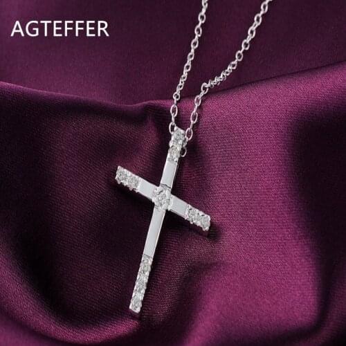 AGTEFFER 925 Sterling Silver 18 Inch AAA Zircon Cross Pendant Necklace For Women Man Fashion Wedding Party Charm Jewelry