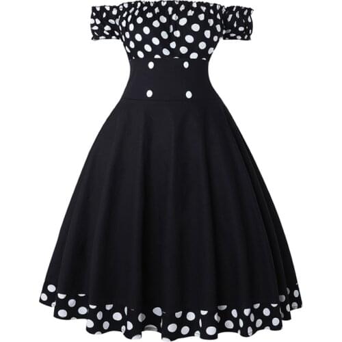 Women Summer Off Shoulder Dress Polka Dot Print Button A Line Pin Up Vintage Rockabilly Skater Party Dresses Sexy Robe Vestidos