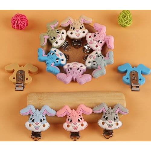 Kovic 10/20Pcs New Animal Rabbit Teether Nipple Clip Edible Silicone Stainless Steel Beads DIY Baby Toy Chain Accessories