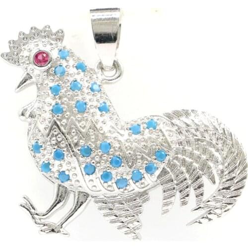 37x33mm Hot Sell Rooster Shape Created Blue Turquoise Tanzanite CZ For Women Dating Eye Catching Silver Pendant Eye Catching