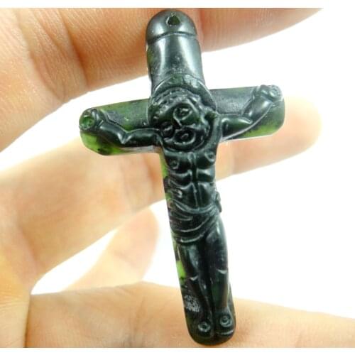 46*28Wholesale natural Chinese black green stone hand-carved statue of cross amulet pendant necklace Jewelry Making