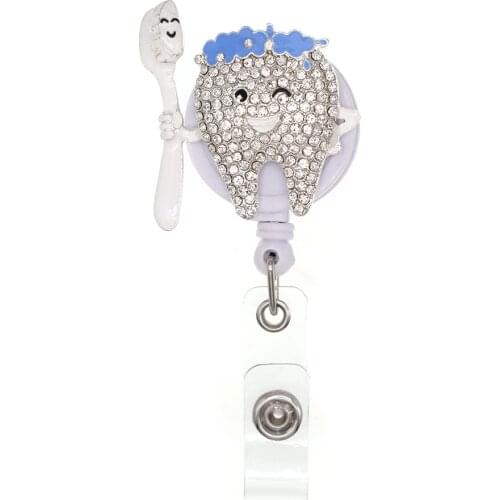 Enamel Rhinestone Tooth Brush Badge Reel With Alligator Clip Rhinestone Retractable Dental Doctor ID Badge Reel Holder