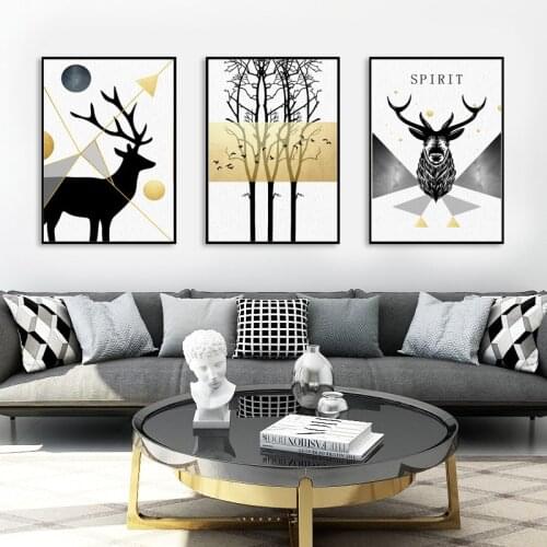 Nordic Style Geometric Gold Black Color Abstract Deer Wall Art Print Picture Canvas Painting Poster for Living Room home decor