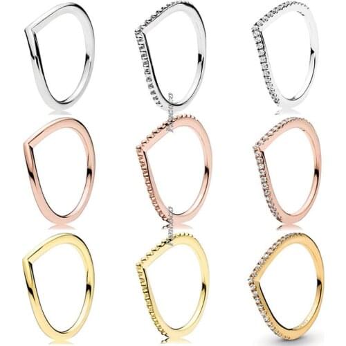 Authentic 925 Sterling Silver Wish Bone Ring Set With Crystal Stack Rings For Women Wedding Party Europe Pandora Jewelry