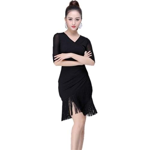 Black Red New Adult Female Latin Dance Costumes Tassel Dance Dress Woman Show Stage Dance Competition Clothing