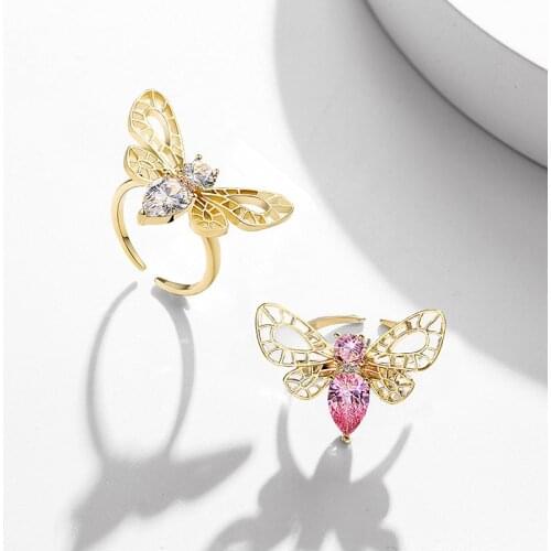 Cute Female Small Bee Animal Ring Promise Real 925 Sterling Silver Gold Engagement Ring Vintage Open Wedding Rings For Women