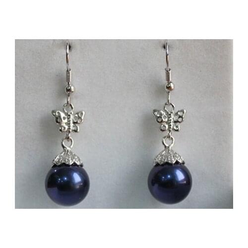 Fashion Tibetan Silver Filled Butterfly With 12mm dark blue Shell Pearl Earrings ER00076