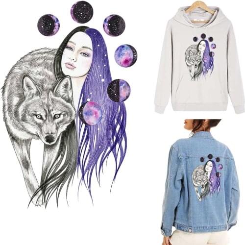 Wolf Girl Iron on Heat Transfer Printing Patches Stickers for Clothes T-Shirt DIY Appliques Washable Patches Fabric Parches Ropa