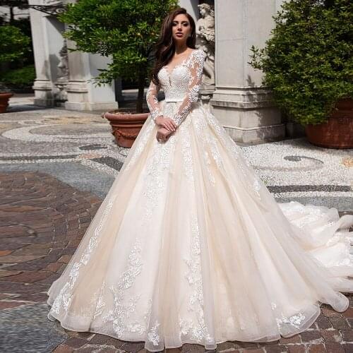 Long Sleeve Wedding Dresses Vestidos De Novia Buttons Up Back Appliques Bow Bridal Gowns Shop Online China Robe Mariee