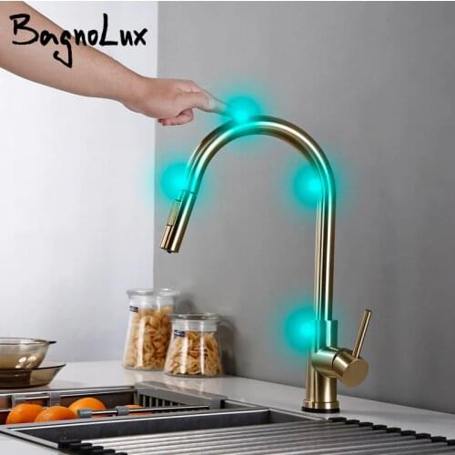 Touch Single Handle Brass Brushed gold Kitchen Sink Faucet Pull Out Rotation Spray Mixer Tap Faucet Hot and cold wate