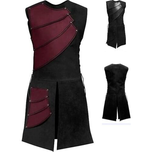 Takerlama Medieval Renaissance Mens Sleeveless Costume O-Neck Stitching Victorian Top Jacket Outfit Splicing Medieval Summer Top