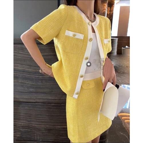 Bright Yellow Contrast Braid Embossed Buttoned Tweed Cropped Jacket/Mini Skirt Set Short Sleeve Single Breasted Dress Uniform