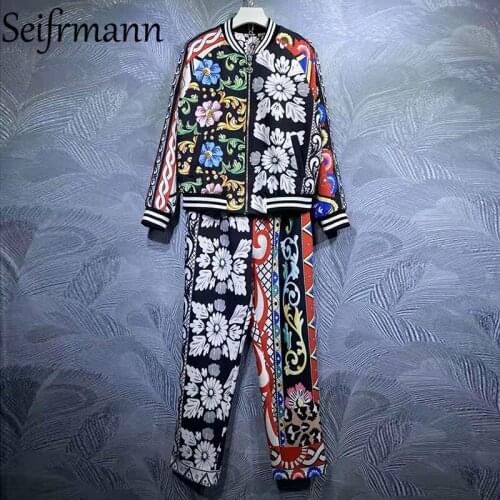 Seifrmann New 2021 Autumn Women Fashion Runway Pants Set Lantern Sleeve Loose Tops + High Waist Vintage Printed Long Pants Suits