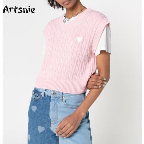 Artsnie Streetwear Heart Embroidery Sweater Vest Women Autumn V Neck Sleeveless Pull Femme Knitted Pink Slim Crop Sweater Vest