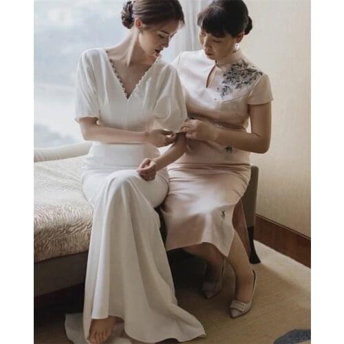 V-Neck French Style Sweep Train Wedding Dress Elegant Satin A-Line Backless Bridal Gowns vestidos de mairee Wedding