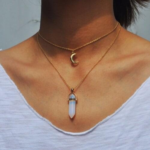 Vintage 2 Layer Natural opal Stone Pendant Choker Necklaces Gold Color Moon Necklace For Women Jewelry Collier Femme
