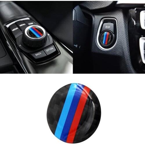 1Pcs 29mm Carbon Fiber one-button start Multimedia audio control buttons cover Sticker For BMW 1 3 4 5 7 Series X1-X6 E Series