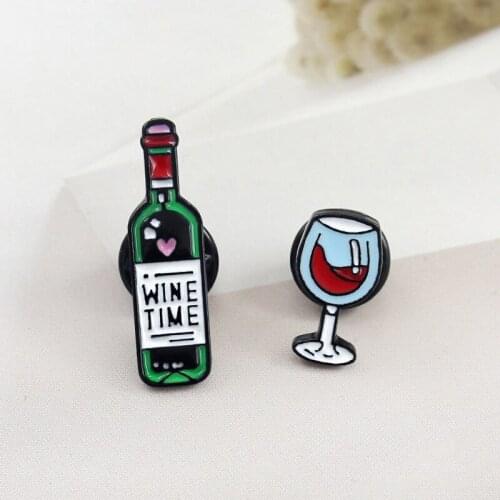 Sale Wine Time Mini Wine Glasses Brooches Couple Pins Red Wine Bottle cup Brooches Enamel Pin Badge For Lovers Best Friend Pins