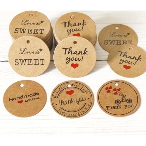 100pcs Kraft Paper Round Tags Thank You Handmade with Love Small Goodie Packaging Supplies Gift Tag Paper Cards Label Tag Decor