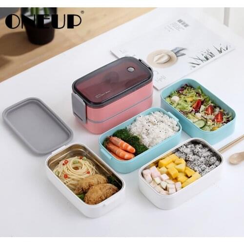 ONEUP 304 Stainless Steel Lunch Box Double layers With Cutlery Leakproof Compartment Food Container Kids Bento Box School