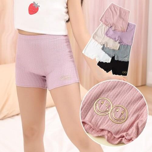 Girls double smiley face embroidery cute wood ear curling safety pants summer thin ice silk cotton breathable bottoming shorts