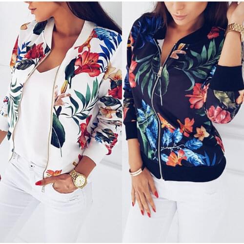 Fashion Womens Retro Floral Zipper Bomber Jacket Baseball Casual Coat Outwear Woman Clothes