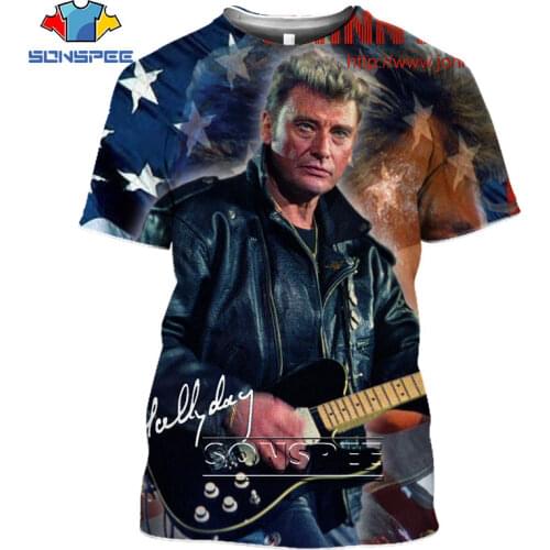 SONSPEE 3D Painting French Singer Johnny Hallyday Mens Star T Shirt Tops Casual Streetwear Harajuku Hip Pop Cool Mens Tee Shirt