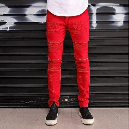 Korean style mens jeans mens red zipper jeans trousers slim-fit pants