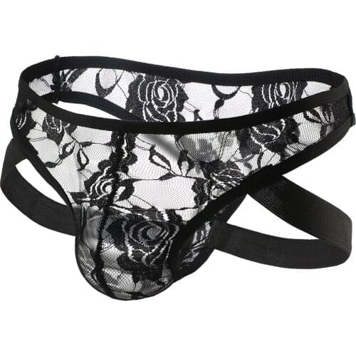Men Underwear Sexy Lace Panties T-back Thong Jockstrap Leg Strap Lingerie Male Transparent Underpants Breathable Plus Size