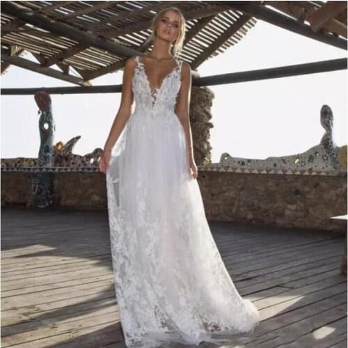 Eightale Boho Wedding Dresses V Neck Appliques Lace Princess Bridal Dress Open Back Wedding Gown Free Shipping vestidos de noiva