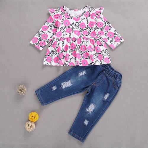 Pudcoco 2 Pieces Kids Girls Suit Fashionable Floral Print Round Neck Long Sleeve Top + Ripped Jeans Cute Clothes Suit 1-5 Years